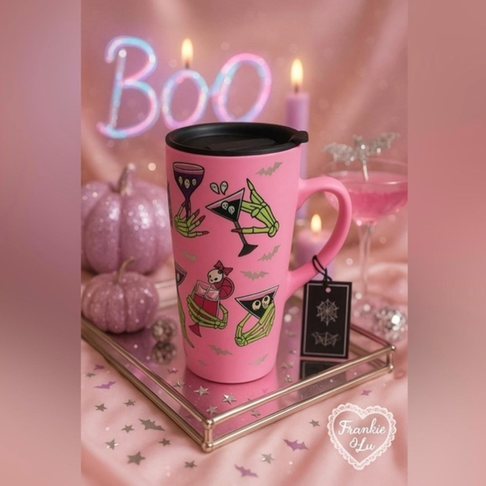 Pink Halloween Travel Mug Handle Lid Skeleton Hand Martini Matte Tumbler NWT